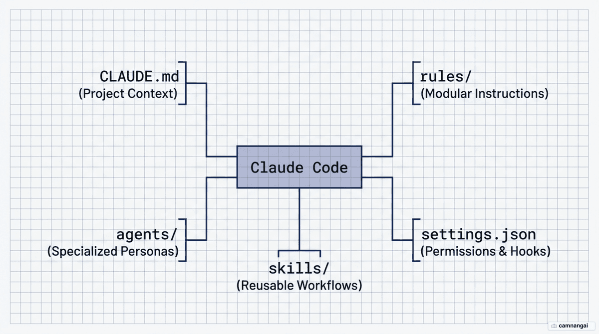 Diagram of the .claude folder as a layered control center: CLAUDE.md, rules, commands, skills, agents and settings.json around the Claude Code core