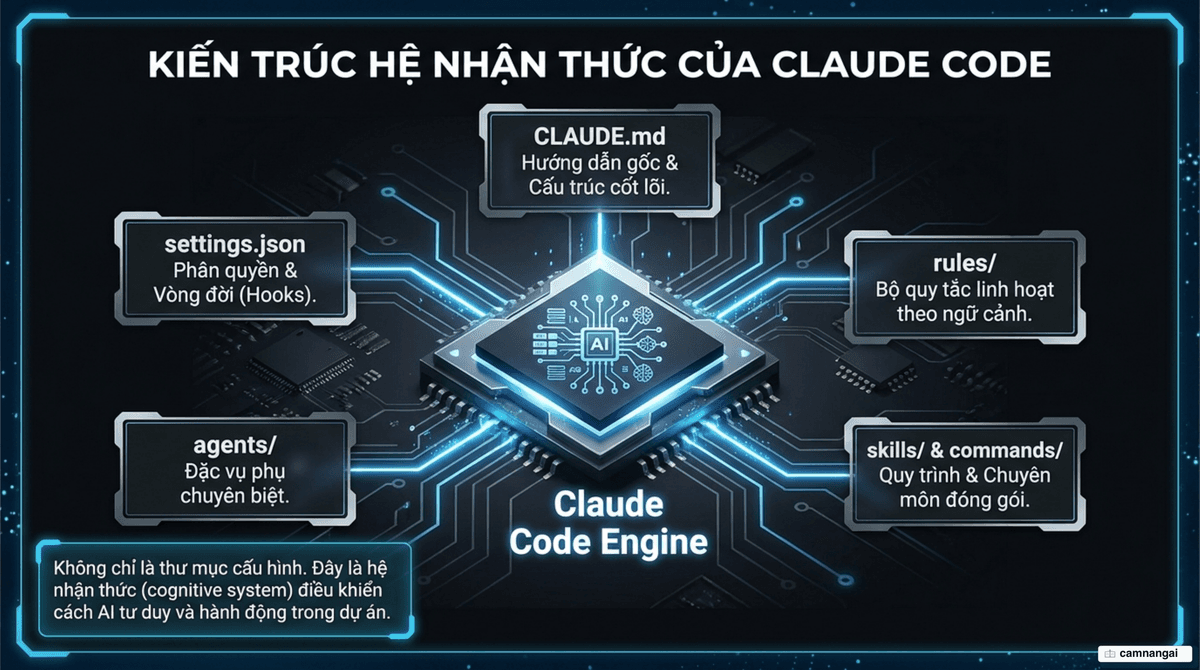 Sơ đồ thư mục .claude như một trung tâm điều khiển phân tầng: CLAUDE.md, rules, commands, skills, agents và settings.json bao quanh phần lõi Claude Code