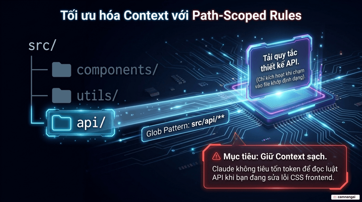 Minh họa path-scoped rule: một tệp rule chỉ được nạp khi Claude sửa file khớp với glob pattern đã khai báo