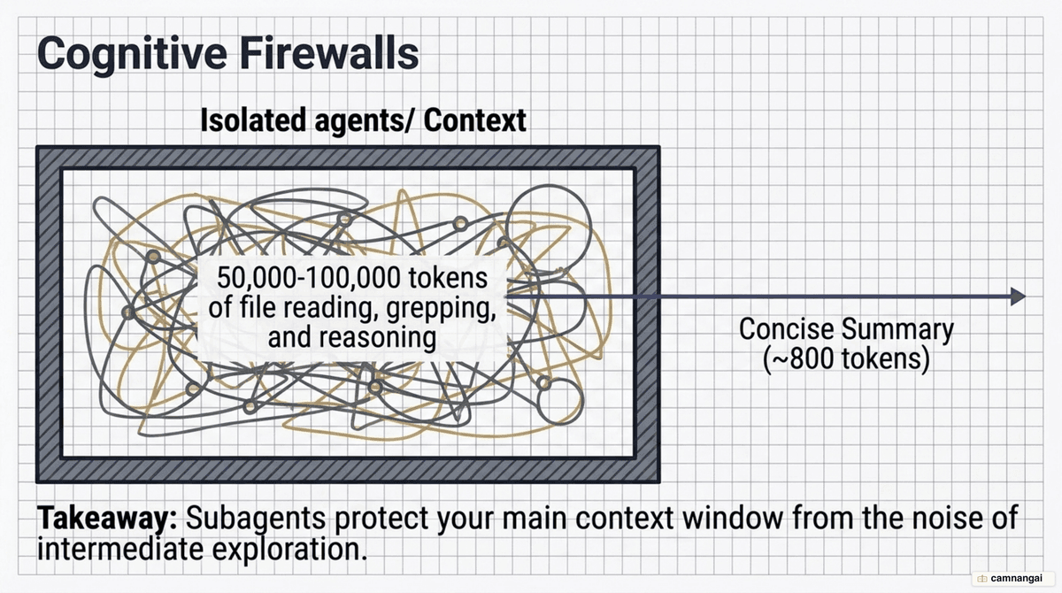 An isolated subagent running in its own context window, spending many tokens to explore and returning only a concise summary