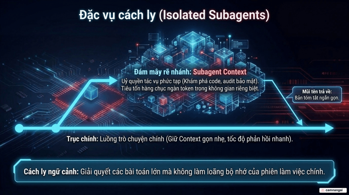Subagent chạy cách ly trong context window riêng, tiêu tốn nhiều token để khám phá rồi chỉ trả về bản tóm tắt ngắn gọn cho phiên chính