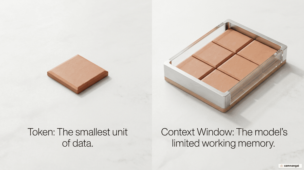 Illustration of a token as the smallest unit of data in AI and the context window as a language model's limited memory