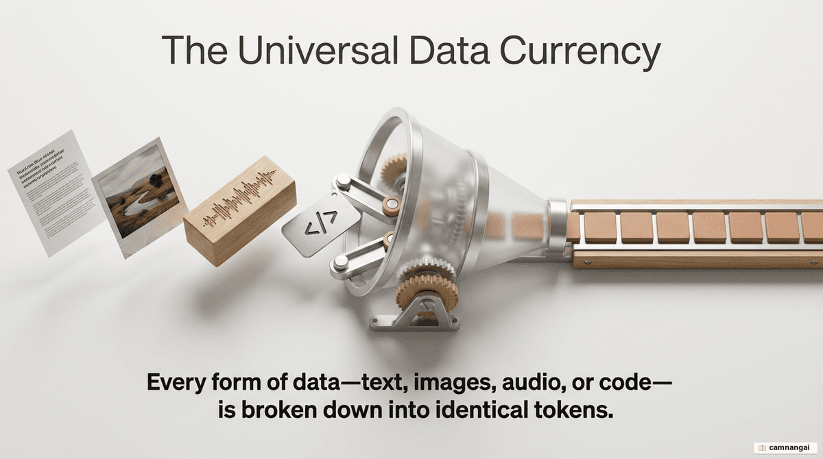 Text, images, audio, and source code all broken into the same kind of tokens for the model to process
