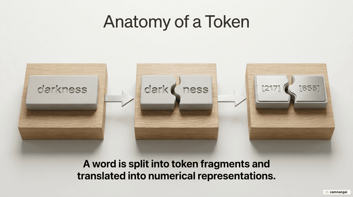 A word split into token fragments and then turned into numbers — for example, darkness splitting into dark and ness