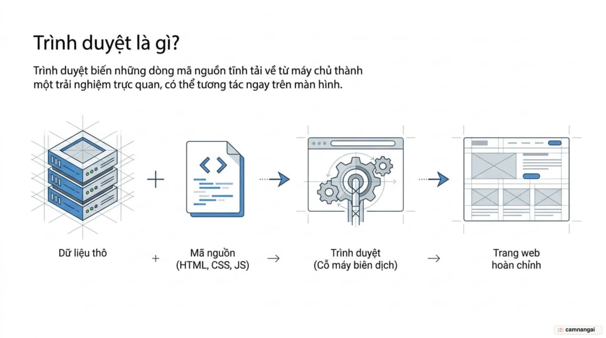 Trình duyệt web nhận mã nguồn tải về từ máy chủ và dựng thành trang web hiển thị trên màn hình