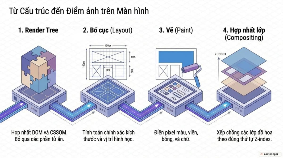 Đường đi từ cây DOM tới pixel trên màn hình: Render Tree, bố cục Layout, vẽ Paint rồi hợp nhất lớp Compositing