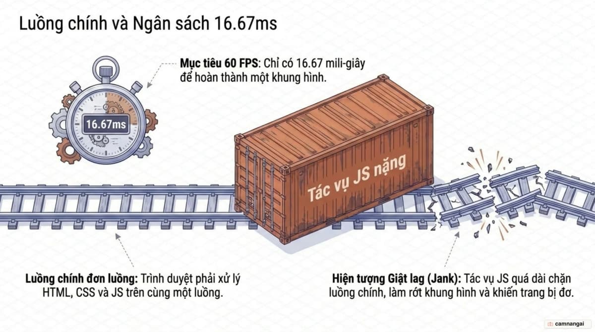 Luồng chính đơn luồng với ngân sách 16.67ms cho mỗi khung hình: một tác vụ nặng chiếm luồng khiến trang bị giật