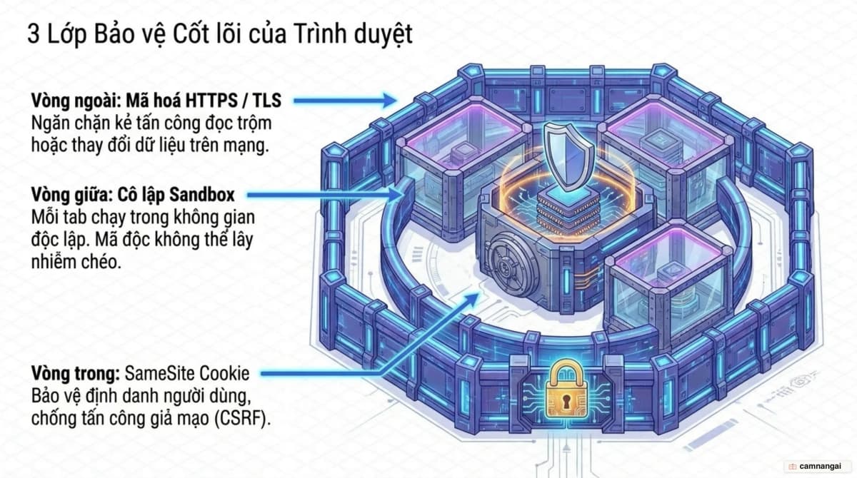 Các lớp bảo vệ của trình duyệt: mã hoá HTTPS/TLS, cô lập sandbox từng tab và thuộc tính SameSite cho cookie