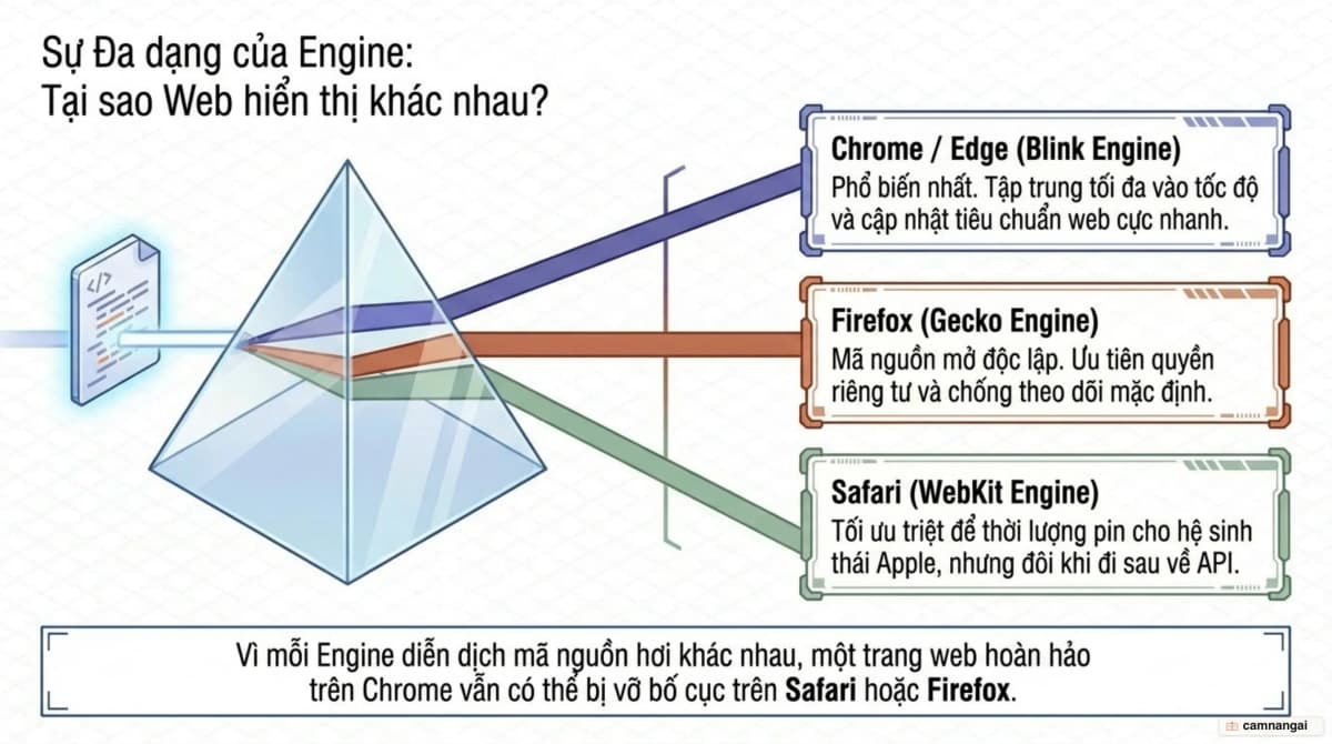 Ba engine hiển thị Blink, Gecko và WebKit thông dịch cùng một trang web theo cách khác nhau