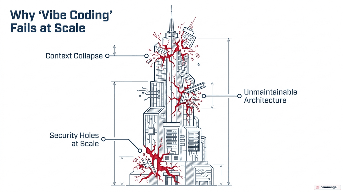 A collapsing tower illustrating the three failures that sink vibe coding at scale: security holes, unmaintainable architecture, and context collapse.