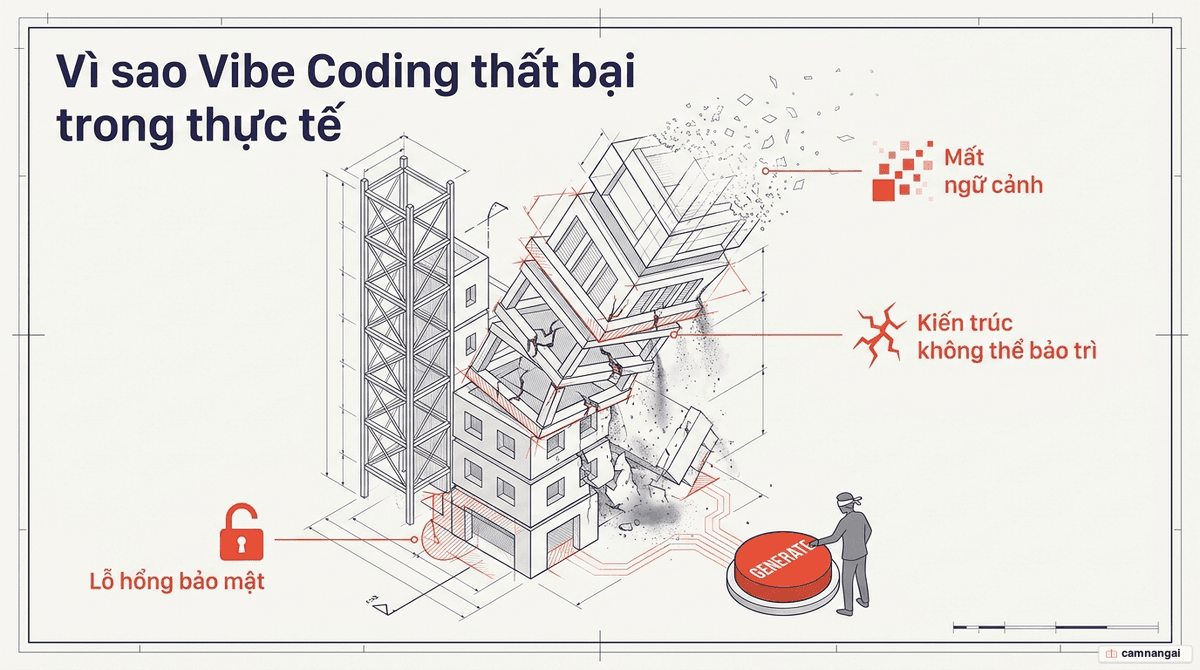 Một tòa tháp công trình đang sụp đổ minh hoạ ba lỗ hổng khiến vibe coding thất bại trong thực tế: lỗ hổng bảo mật, kiến trúc không thể bảo trì và sự mất ngữ cảnh.