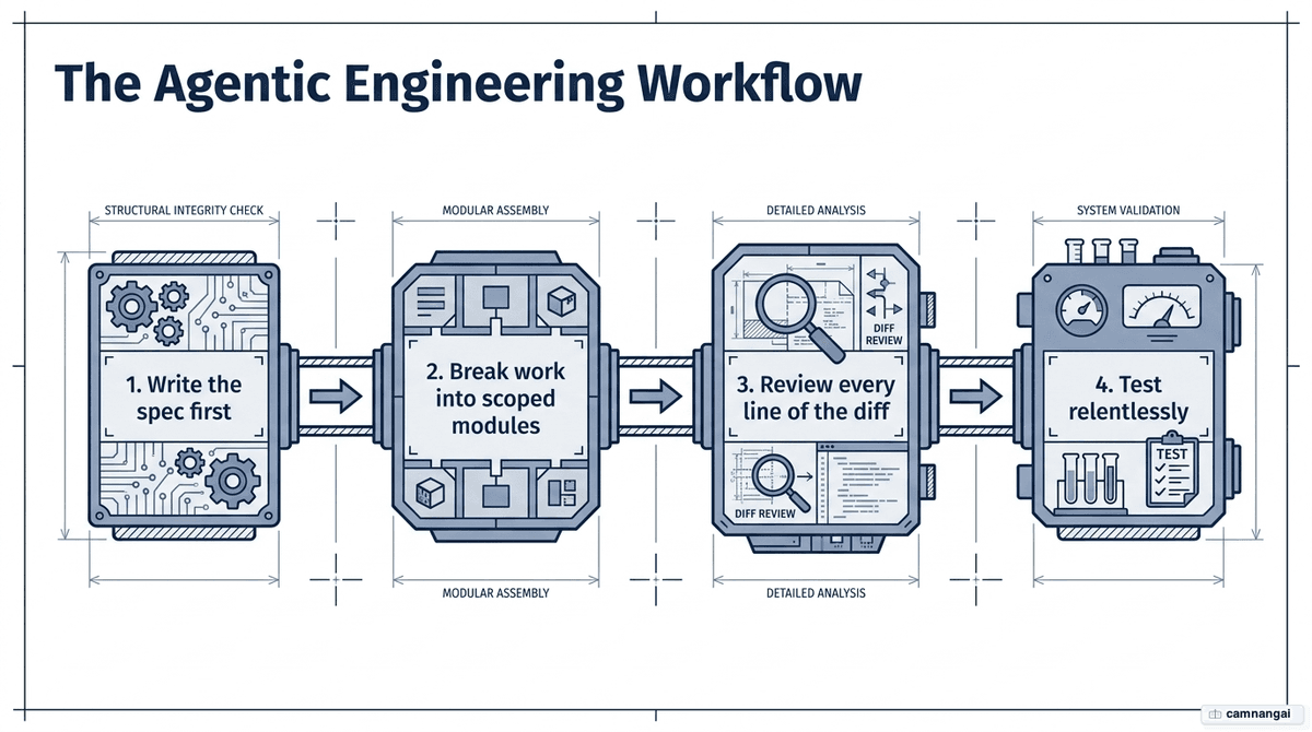 The four-step agentic engineering workflow: write the spec, scope the tasks, review every line of the diff, and test relentlessly.