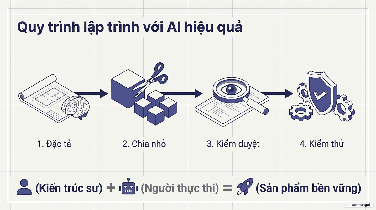 Quy trình bốn bước lập trình với AI hiệu quả: viết đặc tả, chia nhỏ tác vụ, kiểm duyệt từng dòng diff và kiểm thử — kiến trúc sư cộng người thực thi tạo ra sản phẩm bền vững.
