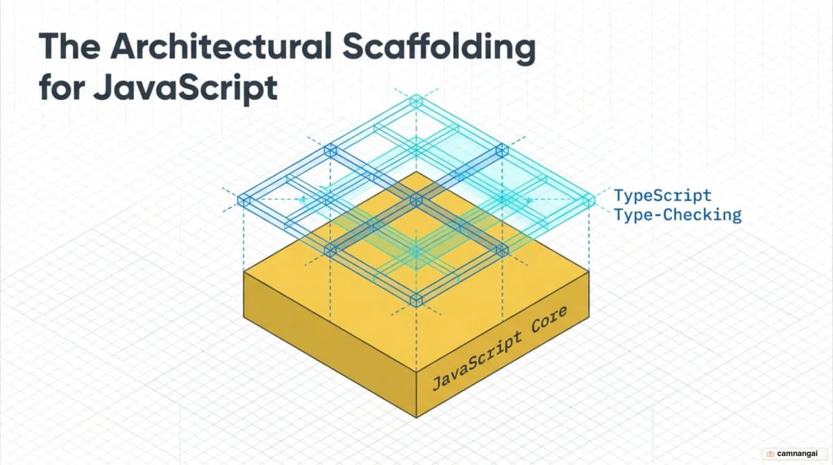 TypeScript as a type-checking layer sitting on top of JavaScript, the article's theme image