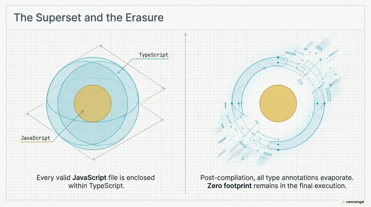 All JavaScript fits inside TypeScript, and every type is erased after compilation