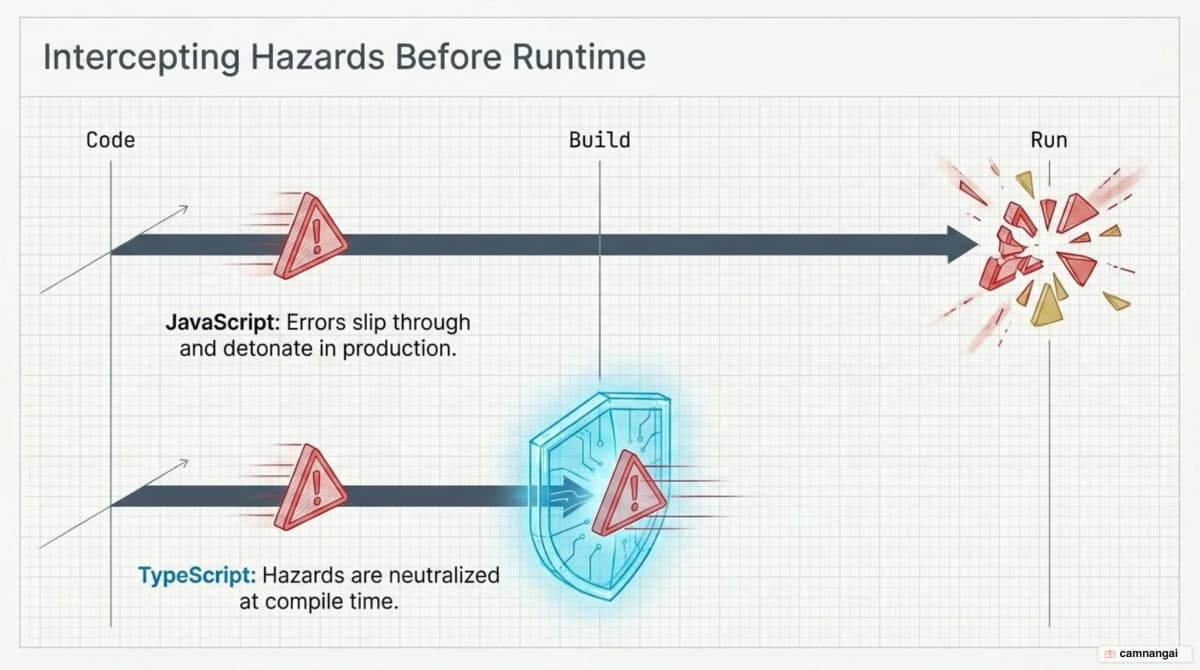 JavaScript lets errors slip through to runtime, while TypeScript catches them at compile time