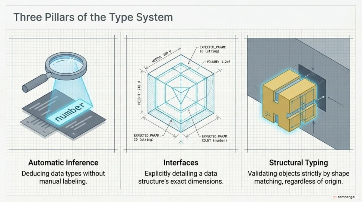 Three pillars of the TypeScript type system: inference, interfaces describing shape, and structural typing matching by shape