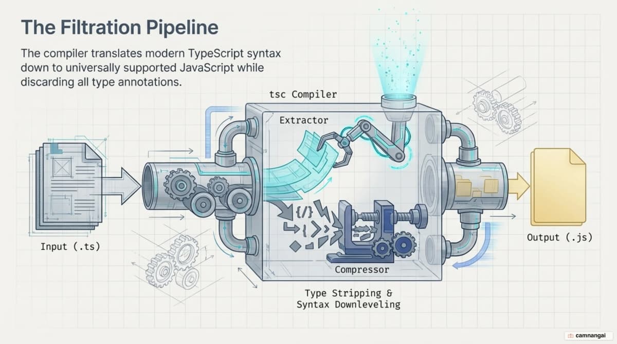 The compile pipeline: a .ts file passes through tsc, types are stripped and syntax downleveled, producing a runnable .js file
