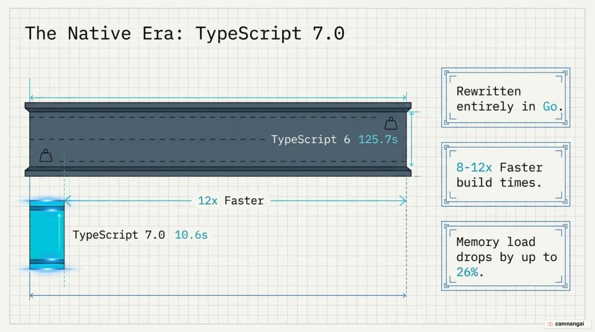 TypeScript 7 rewrites the compiler in Go, cutting build times by roughly 8x to 12x
