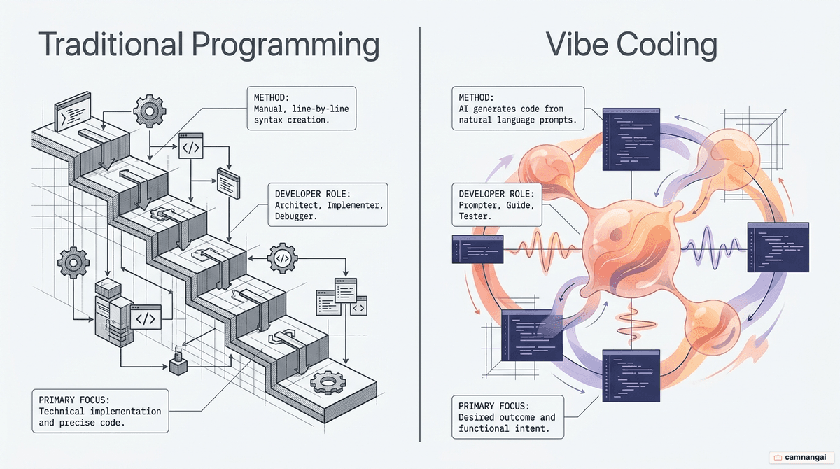 Traditional line-by-line programming compared with vibe coding, where you describe the outcome and AI generates the code.