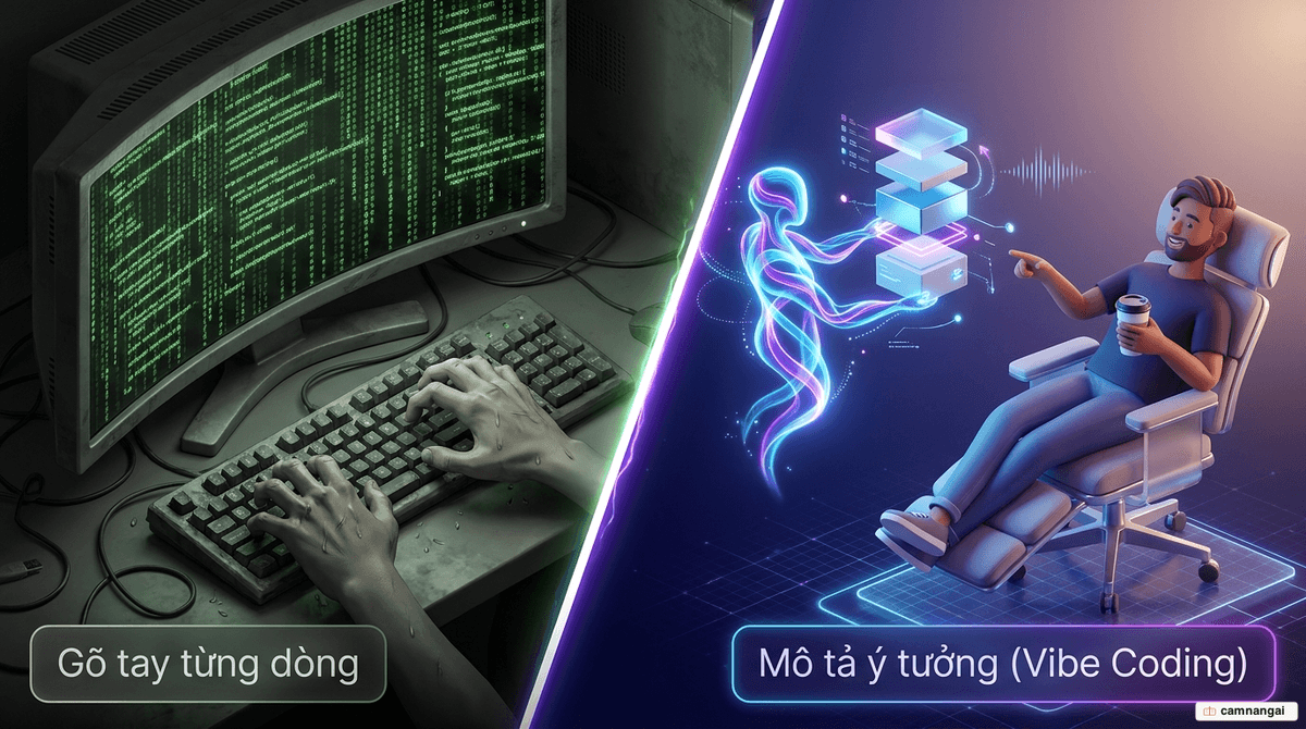 So sánh lập trình truyền thống gõ tay từng dòng với vibe coding mô tả ý tưởng để AI sinh mã.