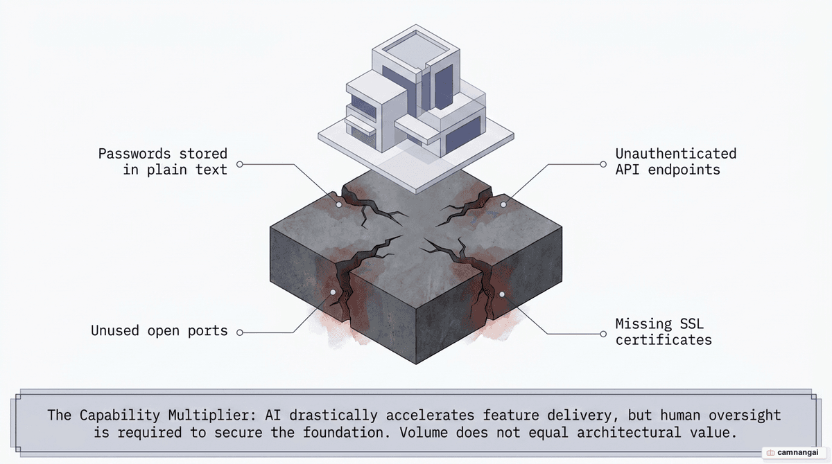 Security risks in AI-generated code: plain-text passwords, unauthenticated API endpoints, open ports, and missing SSL certificates.