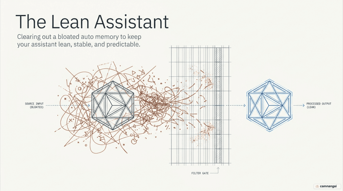 Illustration of the theme: clearing out a bloated memory.md file to keep Claude Code lean, stable, and predictable