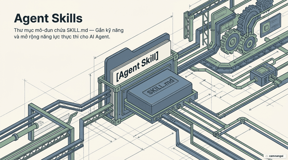 Agent Skills là các thư mục mô-đun chứa tệp SKILL.md, mở rộng năng lực thực thi cho AI agent