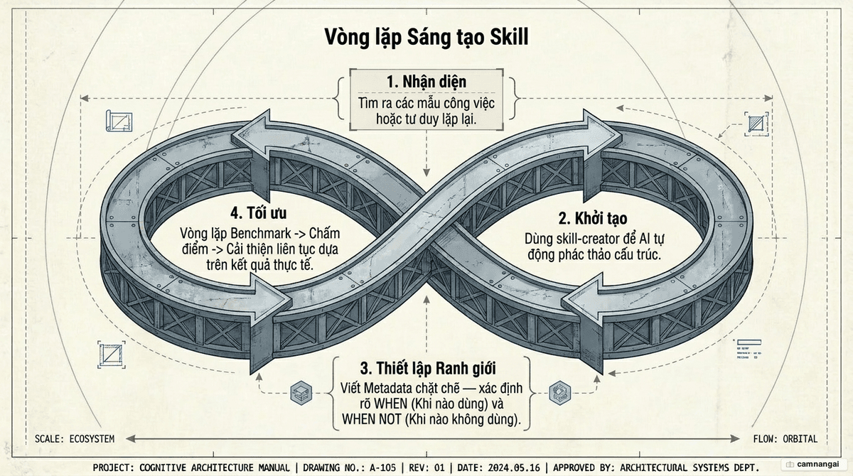 Quy trình tạo Skill: nhận diện mẫu lặp lại, dùng skill-creator, viết mô tả WHEN/WHEN NOT và vòng lặp đánh giá