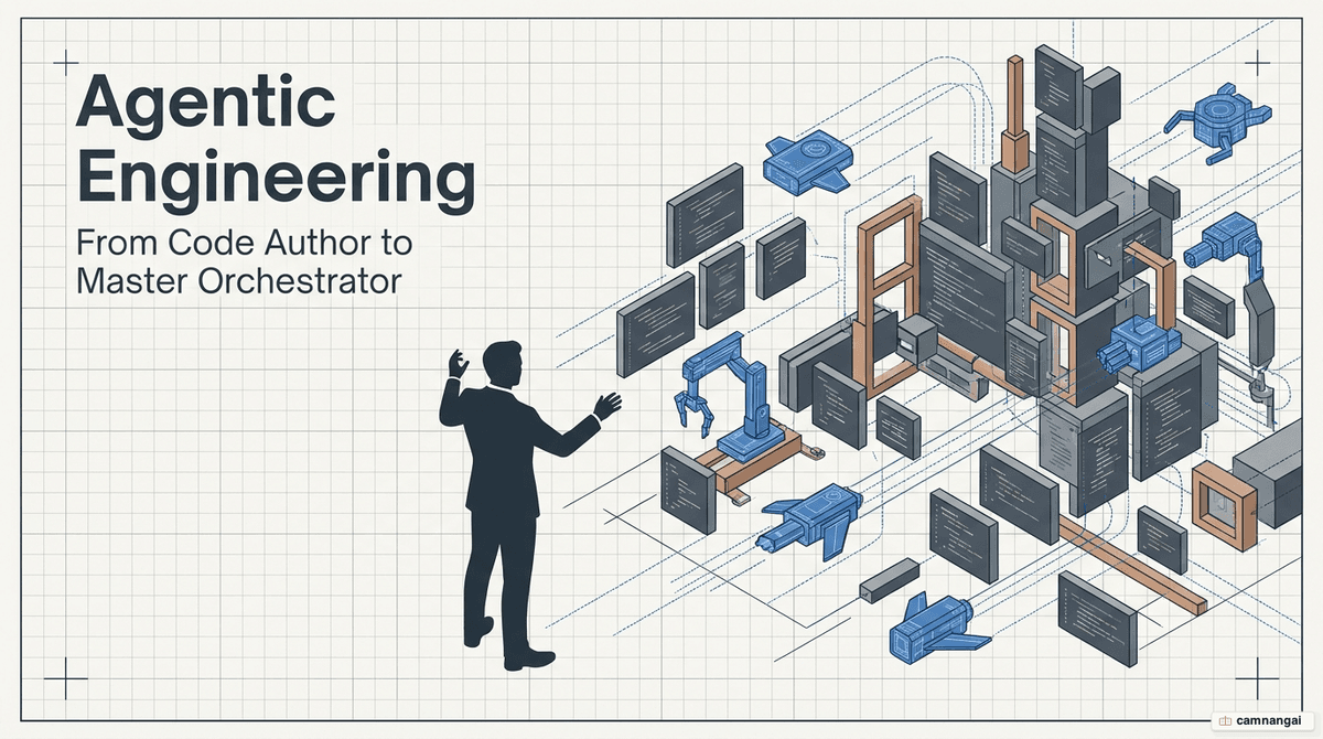 A software engineer as a conductor orchestrating a fleet of AI agents writing code—the core mindset of agentic engineering.