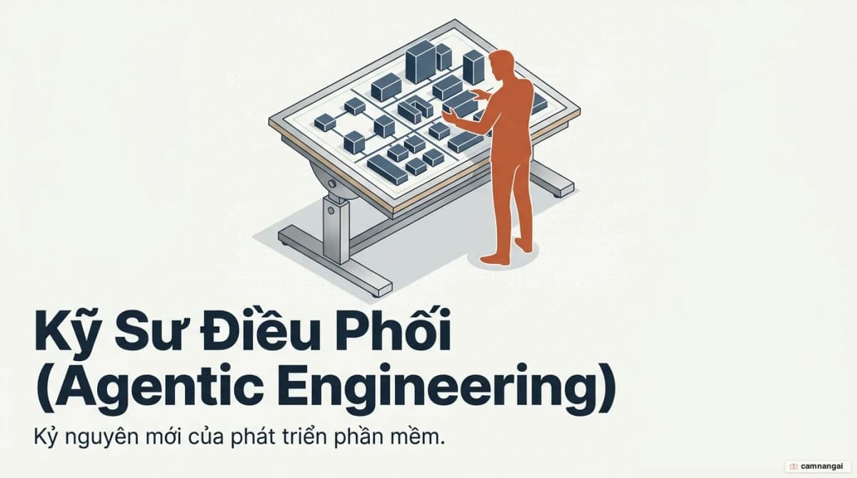 Một kỹ sư phần mềm trong vai nhạc trưởng, điều phối một đội AI agent đang viết code—minh hoạ tư duy cốt lõi của agentic engineering.
