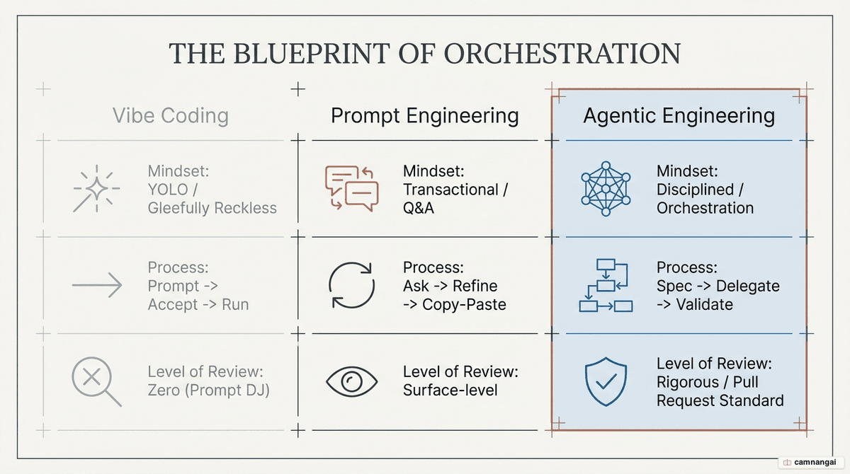 A three-way comparison of AI coding approaches: Vibe Coding, Prompt Engineering and Agentic Engineering, by mindset, process and level of code review.