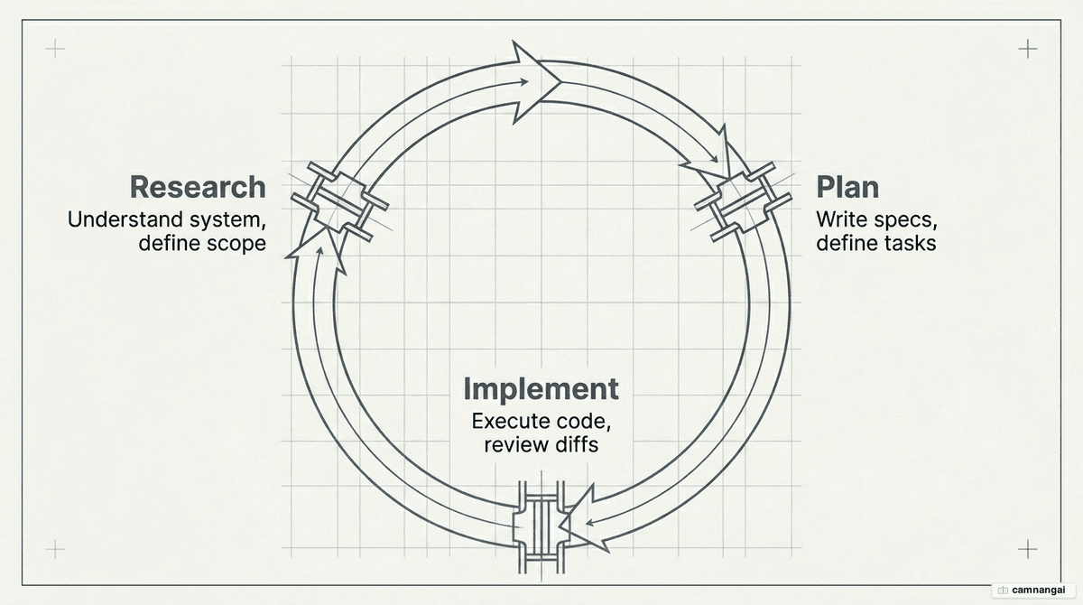 The agentic engineering process loop: three connected steps—Research, Plan and Implement.
