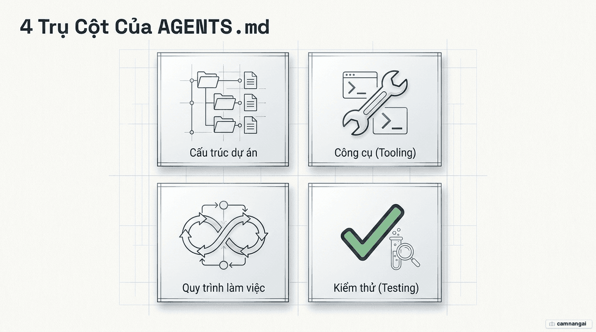 Bốn trụ cột nội dung của một file AGENTS.md: cấu trúc dự án, công cụ, quy trình làm việc và kiểm thử.