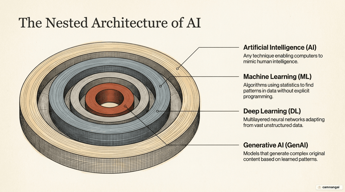 Nested layers of AI: artificial intelligence on the outside, containing machine learning, then deep learning, with generative AI at the core