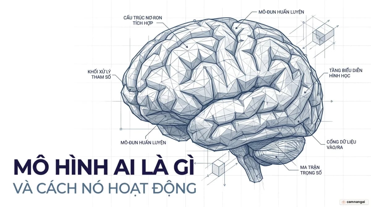 Minh hoạ khái niệm mô hình AI: mạng nơ-ron và bộ não số tượng trưng cho cách máy học từ dữ liệu