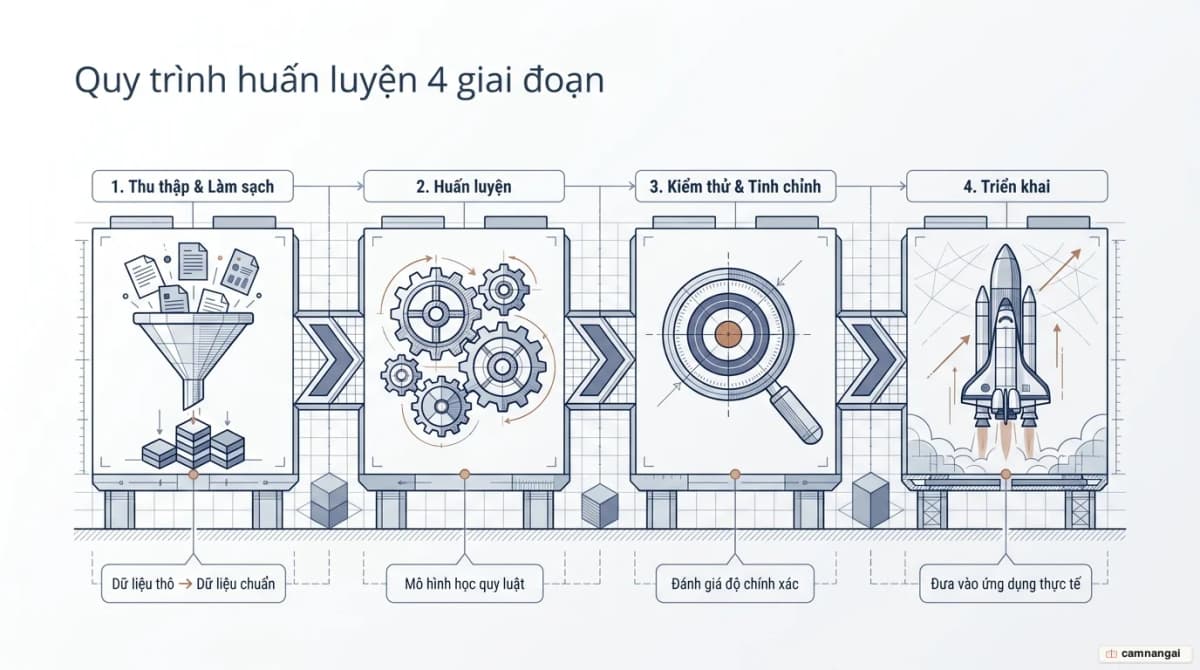 Quy trình huấn luyện mô hình AI bốn giai đoạn: thu thập và làm sạch dữ liệu, huấn luyện, kiểm thử và tinh chỉnh, rồi triển khai