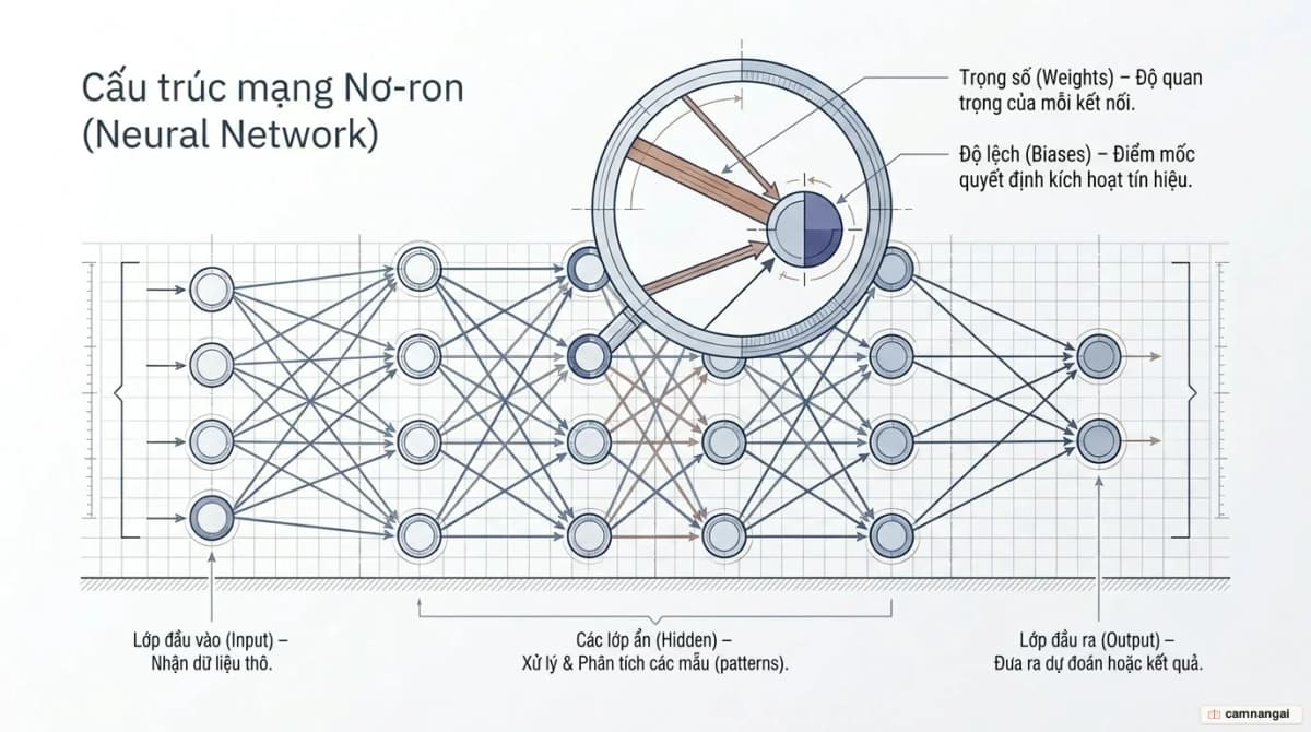 Cấu trúc mạng nơ-ron nhiều lớp: lớp đầu vào, các lớp ẩn và lớp đầu ra, với trọng số và độ lệch trên các kết nối
