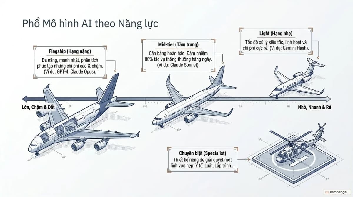 Phổ các loại mô hình AI theo ẩn dụ máy bay: mô hình flagship lớn, mô hình mid-tier tầm trung và mô hình light nhỏ gọn