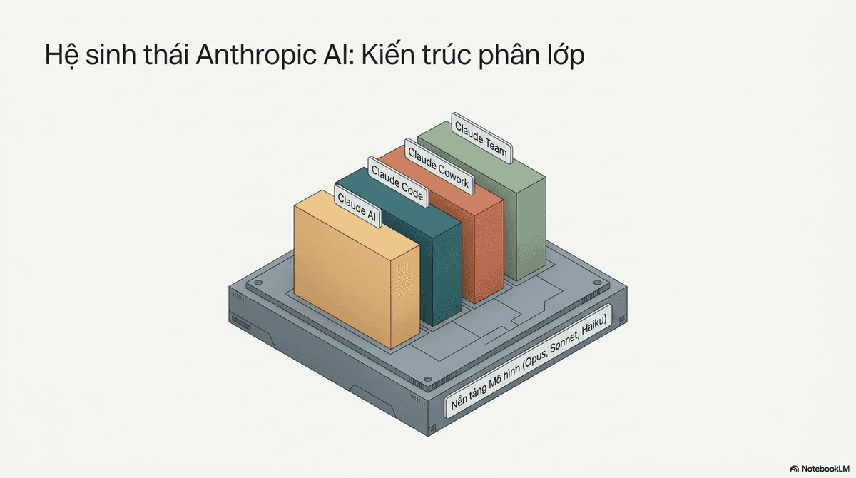 Sơ đồ phân lớp hệ sinh thái Anthropic AI: bốn sản phẩm Claude AI, Claude Code, Claude Cowork và Claude Team xếp thành các lớp trên nền các mô hình Claude