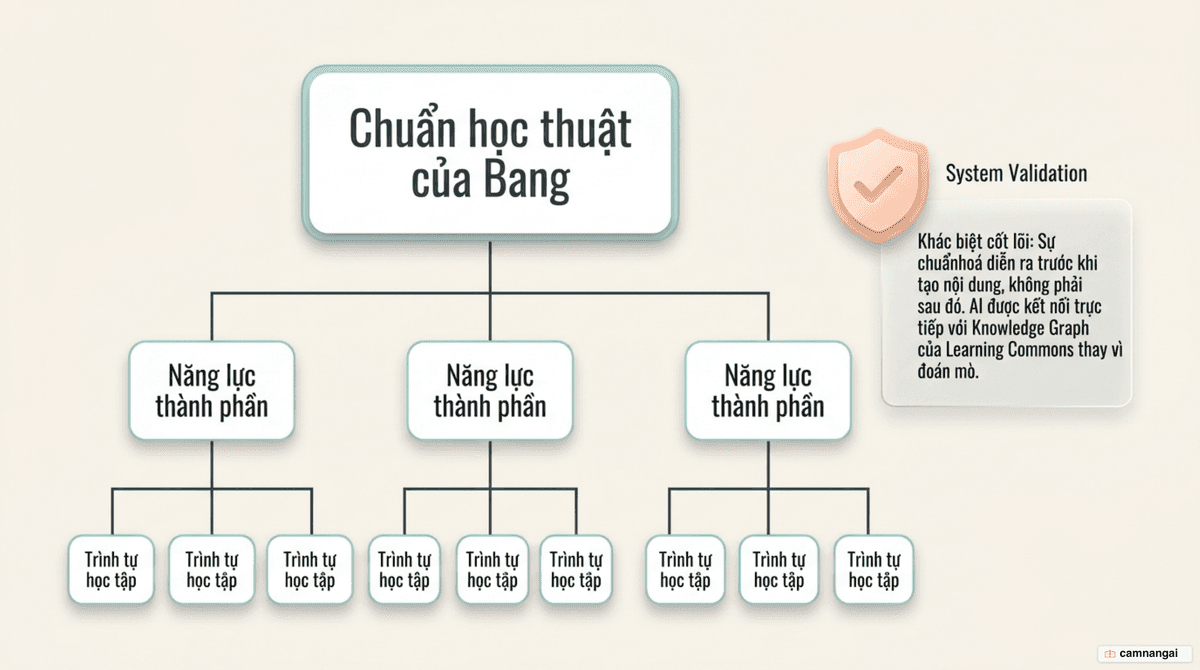 Sơ đồ Claude bám chuẩn chương trình: mỗi chuẩn của bang được phân rã thành các năng lực thành phần và trình tự học tập bên dưới.
