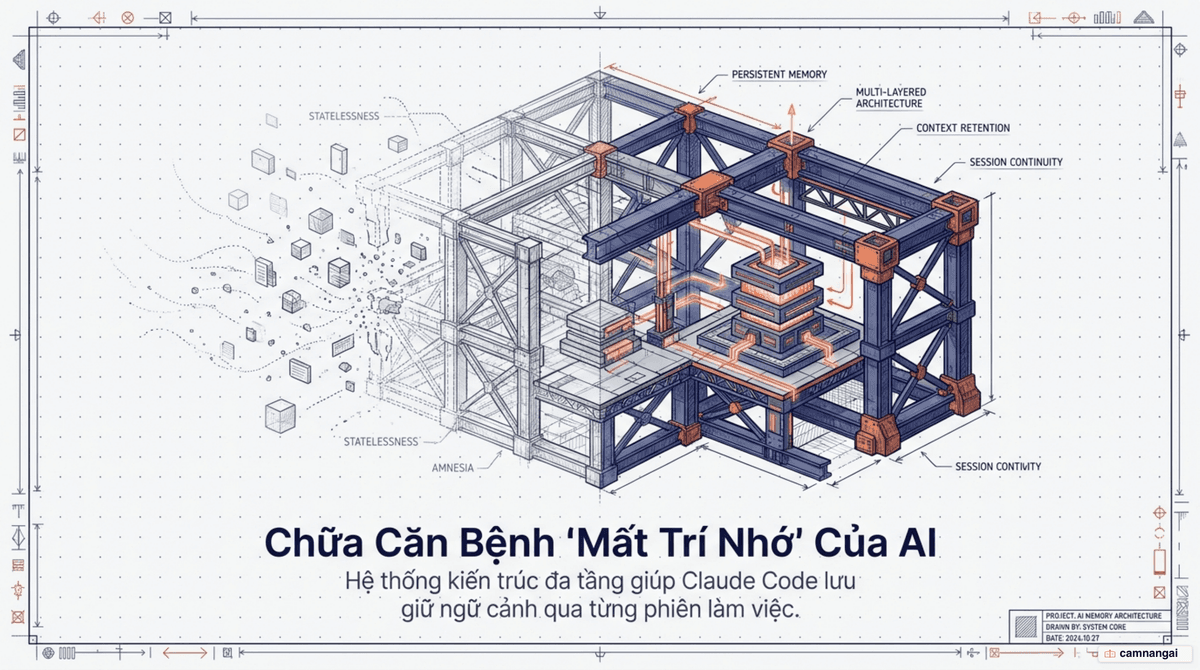 Sơ đồ hệ thống bộ nhớ nhiều tầng của Claude Code — gồm các tệp CLAUDE.md và auto memory — giúp giữ lại ngữ cảnh dự án qua từng phiên làm việc vốn không nhớ gì (stateless).