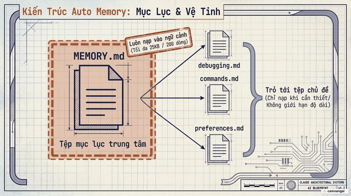 Cấu trúc lưu trữ của auto memory: tệp MEMORY.md đóng vai mục lục (chỉ nạp 200 dòng đầu hoặc 25KB) trỏ tới các tệp chủ đề như debugging.md và commands.md.