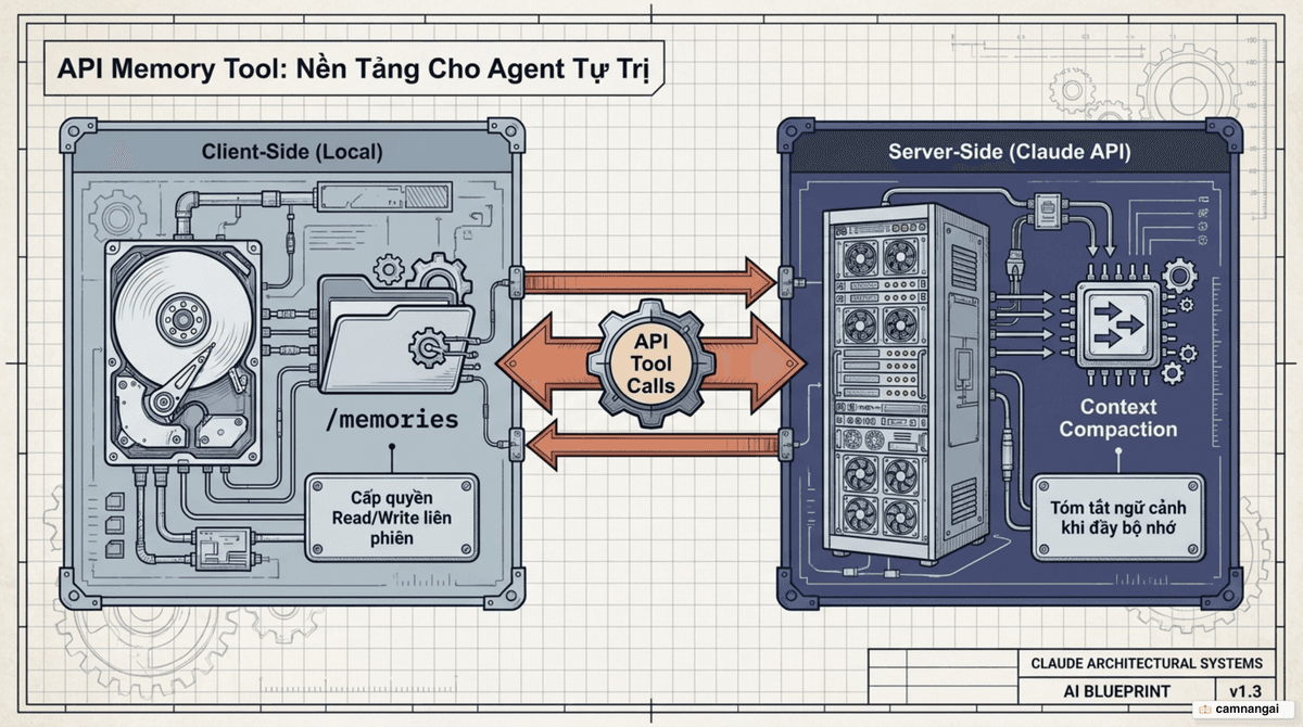 API Memory Tool cho agent tự xây: bộ nhớ đọc/ghi phía client tại đường dẫn /memories, kết hợp với context compaction tóm tắt hội thoại ở phía server.