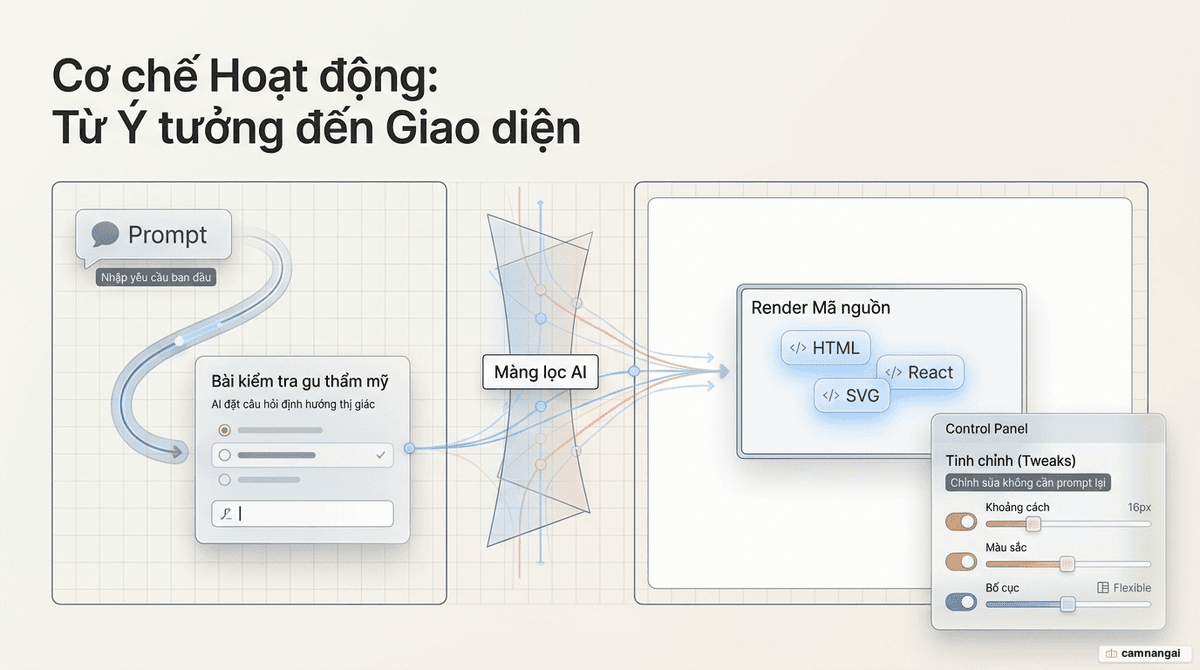 Luồng hoạt động của Claude Design: prompt → bài kiểm tra gu thẩm mỹ → render mã nguồn trên canvas → tinh chỉnh bằng tweaks, trong giao diện chia đôi chat và canvas