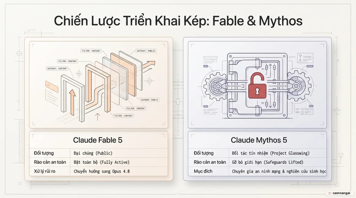So sánh Claude Fable 5 (bản đại chúng, đầy đủ lớp lọc an toàn) và Claude Mythos 5 (bản hạn chế, gỡ bớt rào cản, qua Project Glasswing).