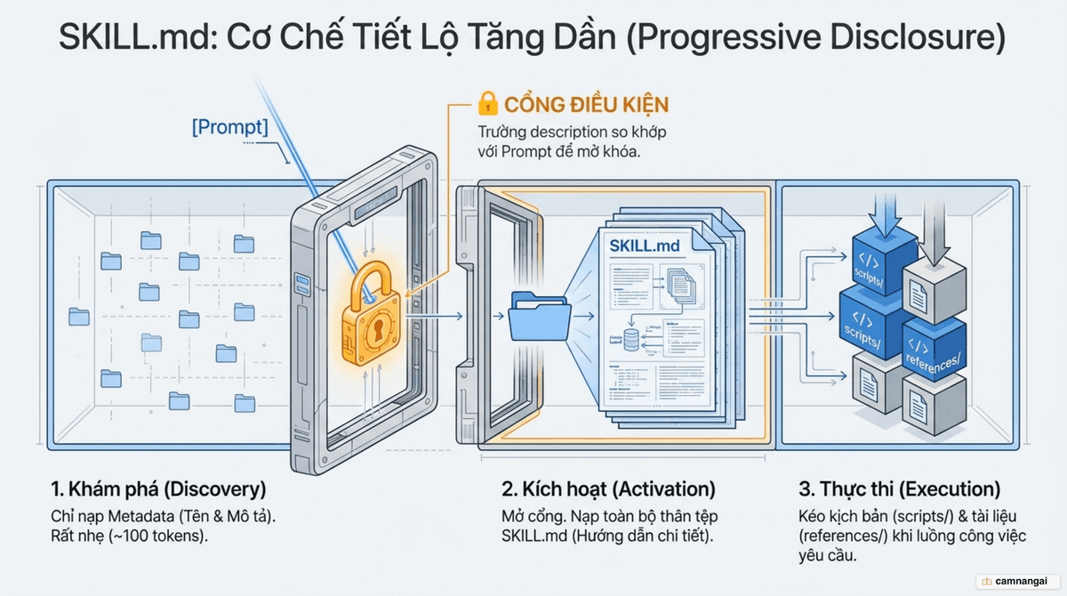 Cơ chế tiết lộ tăng dần ba tầng của SKILL.md: Khám phá (metadata), Kích hoạt (khi description khớp) và Thực thi (script), với trường description đóng vai trò cổng.