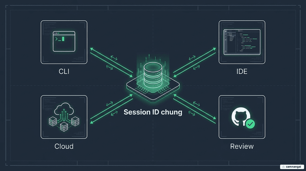 Sơ đồ bốn bề mặt của Codex — CLI, IDE, Cloud và Review — cùng kết nối với nhau qua một Session ID chung