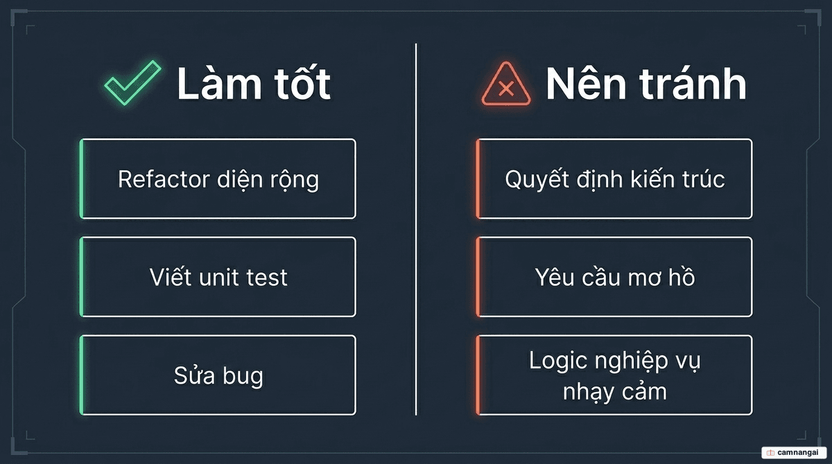 Bảng so sánh hai cột: Codex nên dùng (refactor diện rộng, viết unit test, sửa bug có stack trace) và nên tránh (quyết định kiến trúc, yêu cầu mơ hồ, logic nghiệp vụ nhạy cảm)