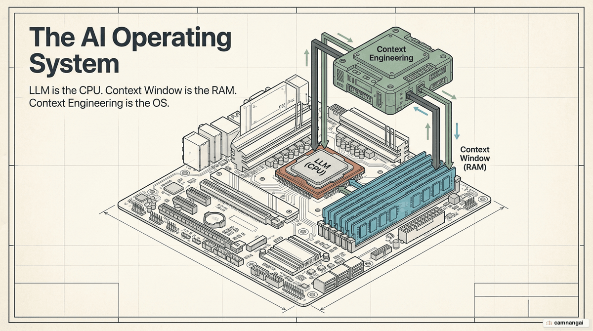 Context engineering metaphor diagram: the LLM as a CPU and the context window as RAM, with context engineering orchestrating the data loaded into the window at each step